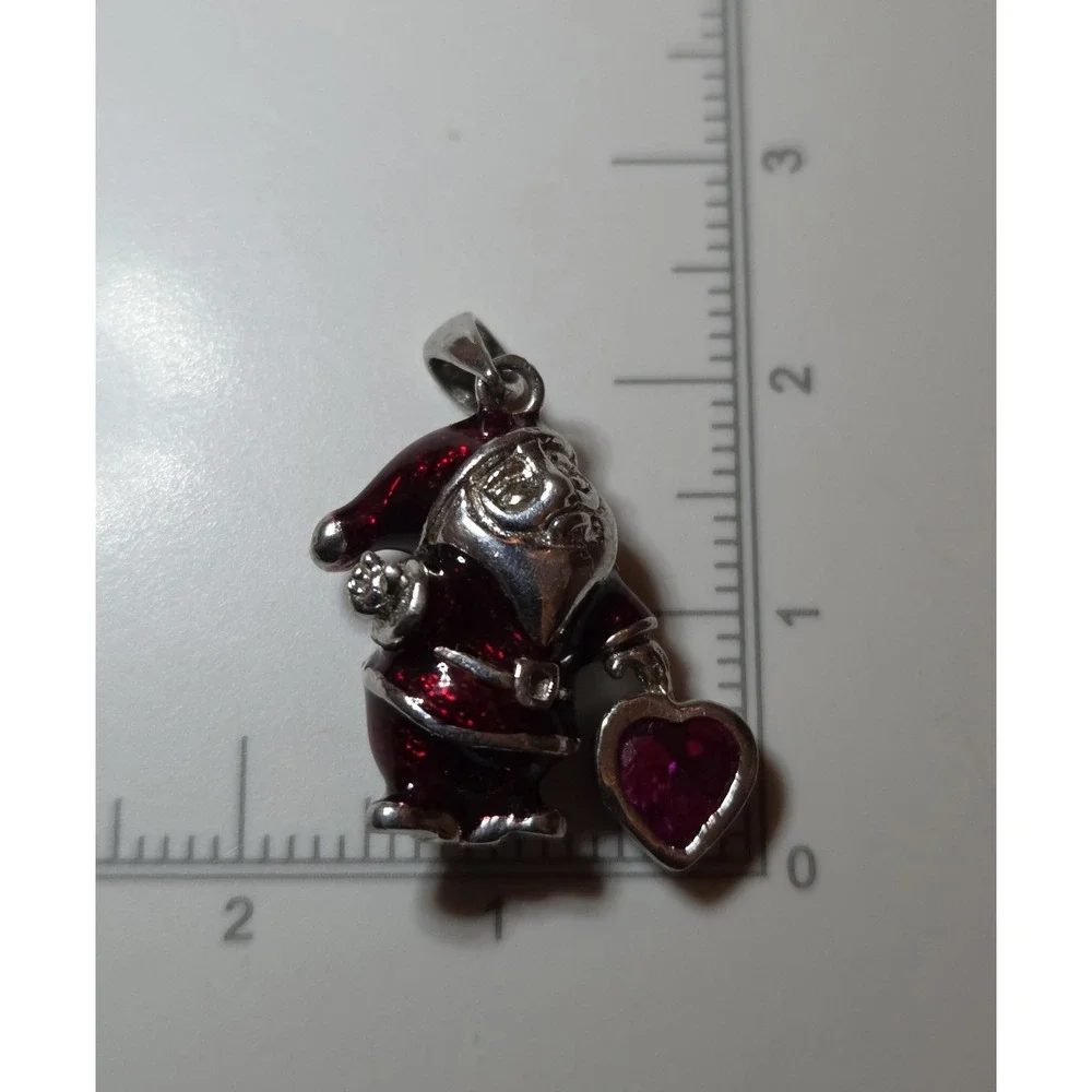 Vintage Sterling Silver Santa Claus Enamel Charm Pendant Ruby Heart OTC 925